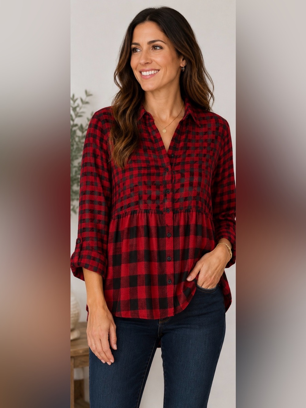 332 Anthropologie BeachLunchLounge Red Black Plaid Peplum Blouse XL Button Front